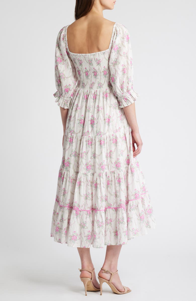 LoveShackFancy Rigby Floral Tiered Cotton Midi Dress, Alternate, color, 