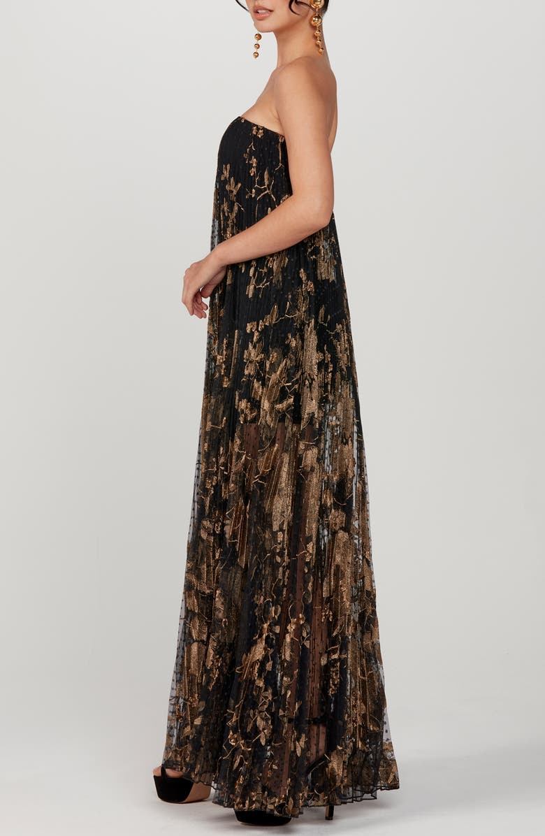 HELSI Delphanie Metallic Floral Strapless Pleated Gown, Alternate, color, Black/ Gold