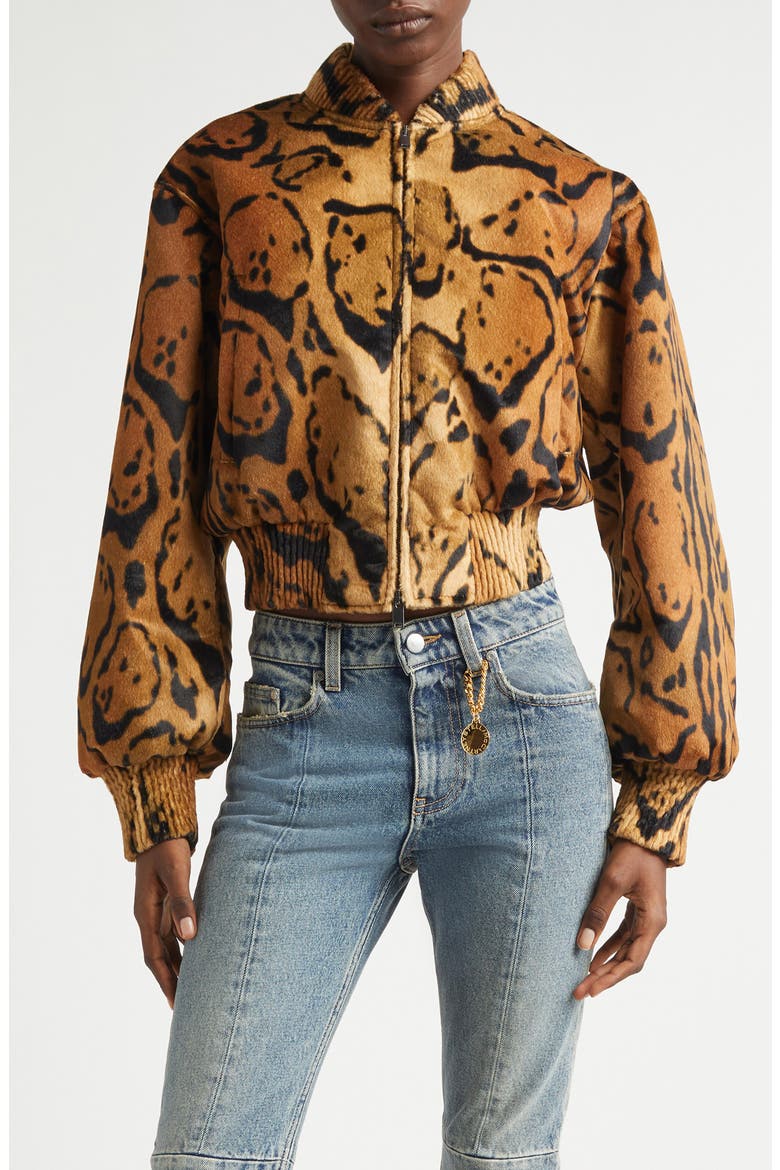 Cloud Leopard Crop Velveteen Bomber Jacket, Main, color, MULTICOLOR BROWN