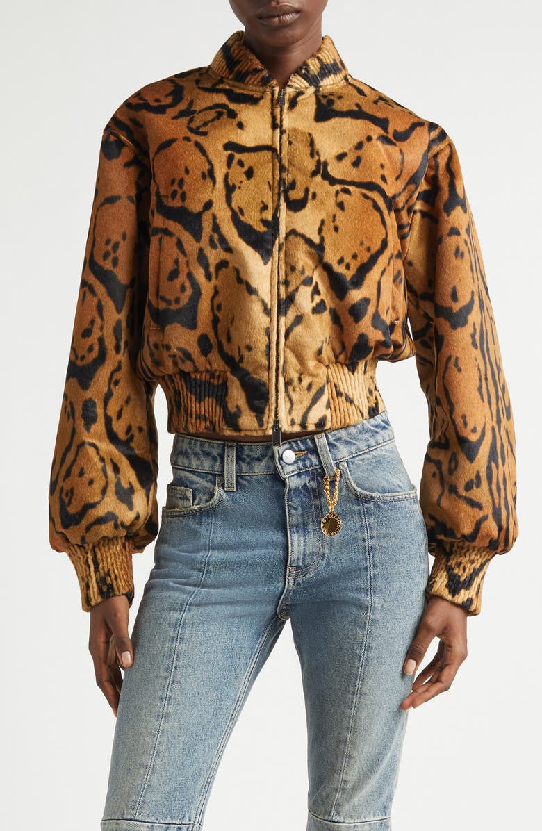 Stella McCartney Cloud Leopard Crop Velveteen Bomber Jacket, Main, color, Multicolor Brown
