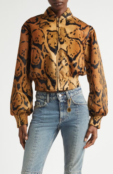 Cloud Leopard Crop Velveteen Bomber Jacket