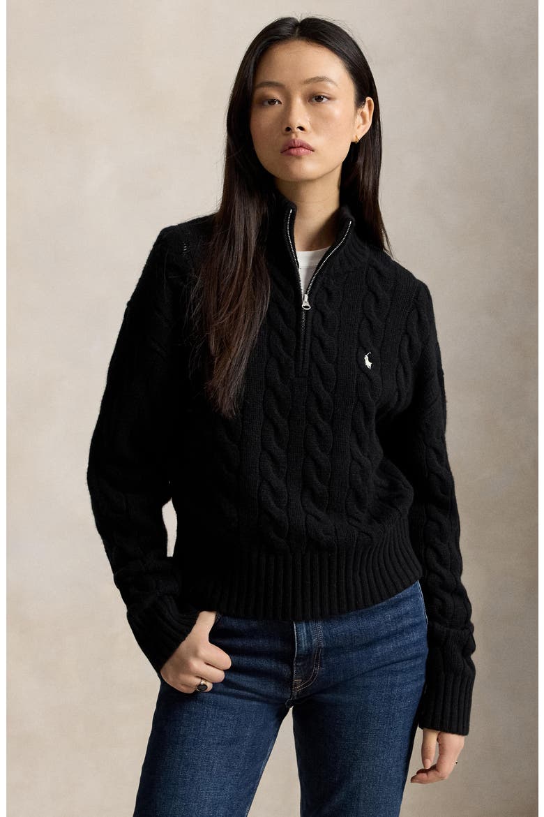 Cable Wool & Cashmere Half-Zip Pullover, Alternate, color, BLACK