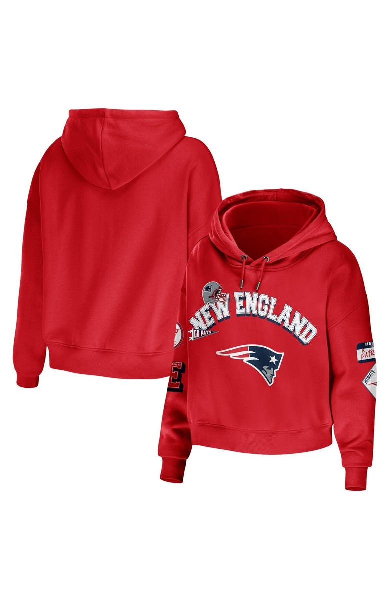 WEAR by Erin Andrews Women's WEAR by Erin Andrews Red New England Patriots Plus Size Modest Cropped Pullover Hoodie, Main, color,