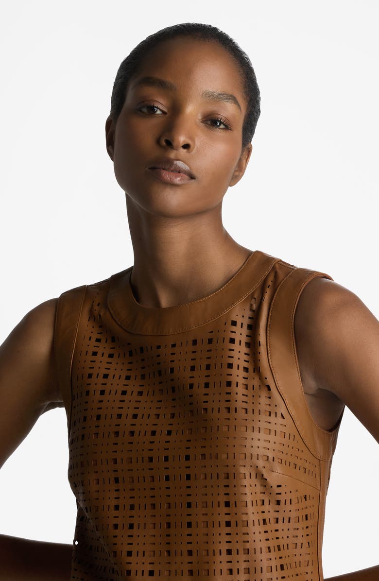 ST. JOHN Laser Cut Leather Sheath Dress, Alternate, color, 