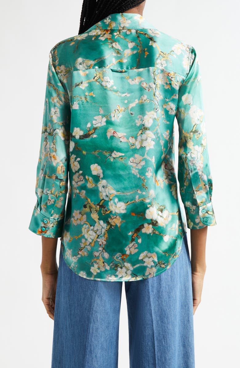 L'AGENCE Dani Cherry Blossom Print Silk Button-Up Shirt, Alternate, color, Teal Watercolor Cherry Blossom