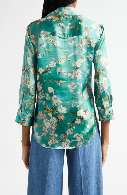 Shop L Agence L'agence Dani Cherry Blossom Print Silk Button-up Shirt In Teal Watercolor Cherry Blossom