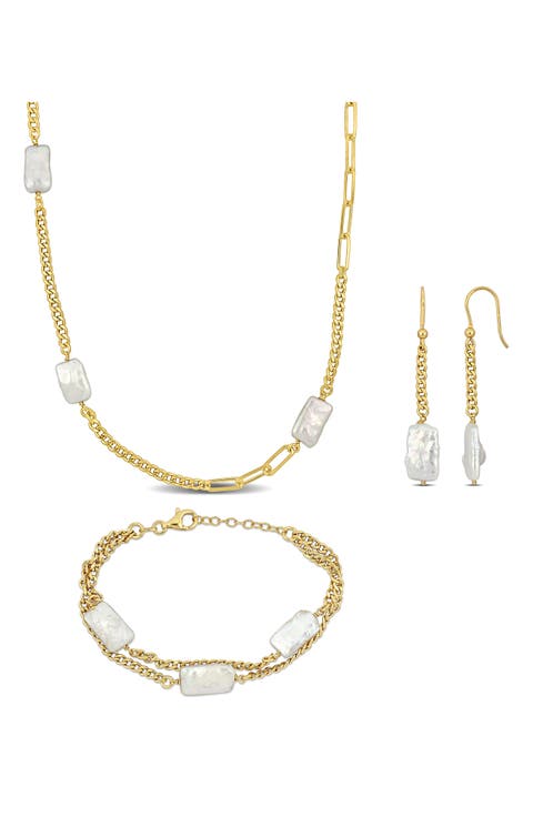 Cultured Pearl Earrings, Bracelet & Necklace Set