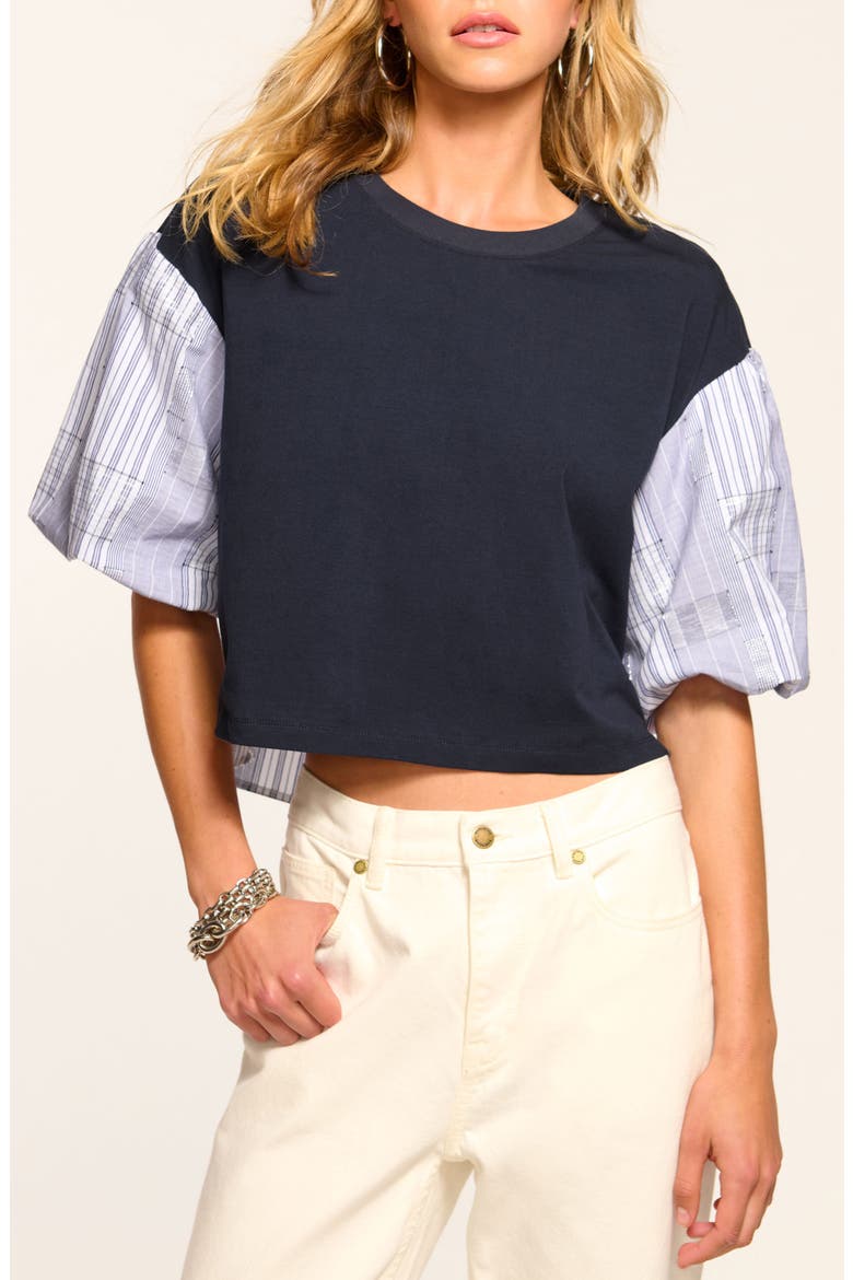 Toula Mixed Media Crop Top, Main, color, NAVY PATCHWORK