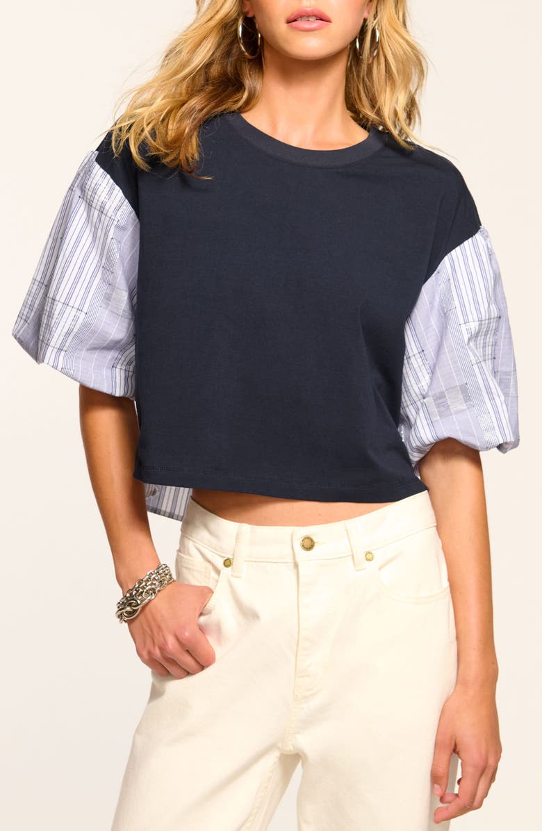 Ramy Brook Toula Mixed Media Crop Top, Main, color, Navy Patchwork