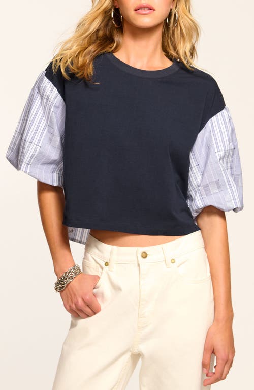 Ramy Brook Toula Puff-sleeve Combo Top In Navy Patchwork