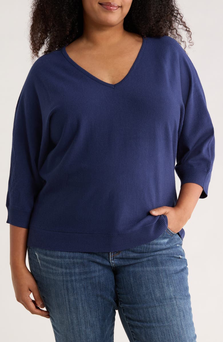 PREMISE STUDIO V-Neck Three-Quarter Sleeve Sweater, Main, color, Nightfall