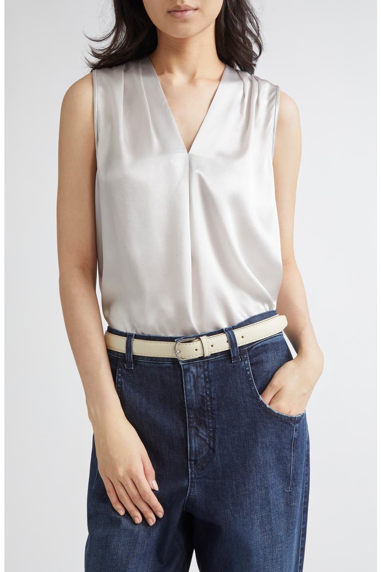 Pleated Sleeveless Silk Satin Top, Main, color, 75 PEARL GREY