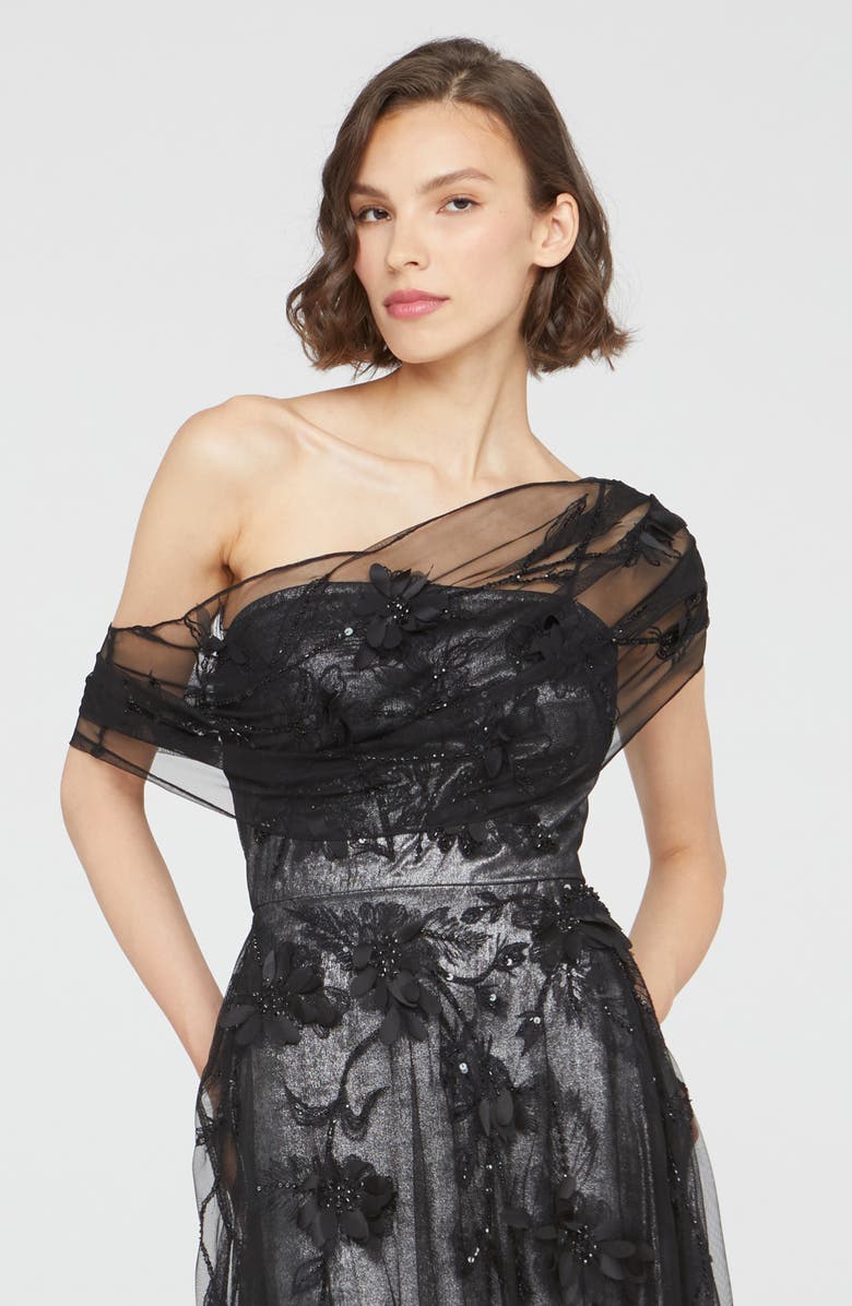 Theia Lenora Metallic Floral Appliqué One-Shoulder Gown, Alternate, color,