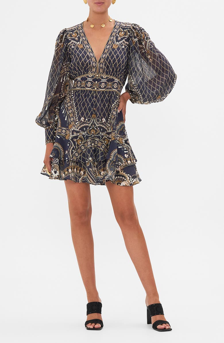 Camilla Dance with the Duke Frill Long Sleeve Silk Minidress, Main, color, 