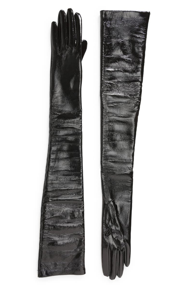 McQueen Fitted Long Lambskin Leather Gloves, Main, color,