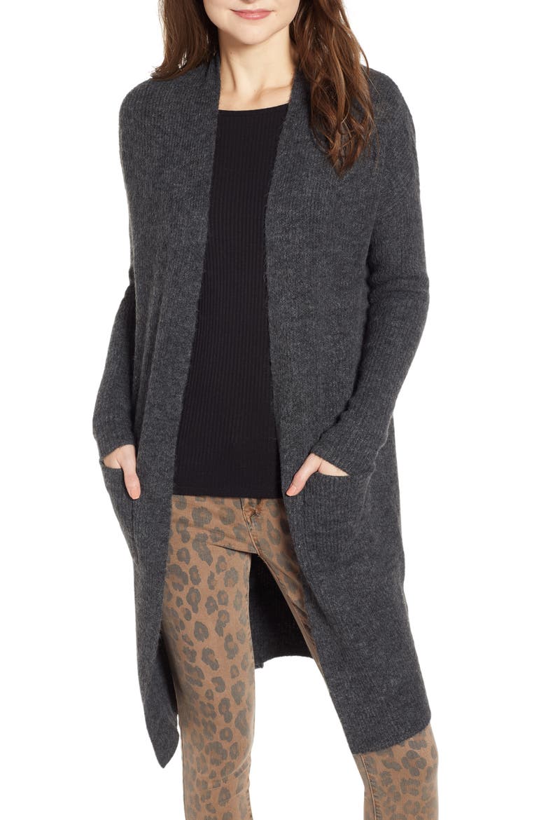 Midi Open Cardigan, Main, color, GREY CHARCOAL HEATHER
