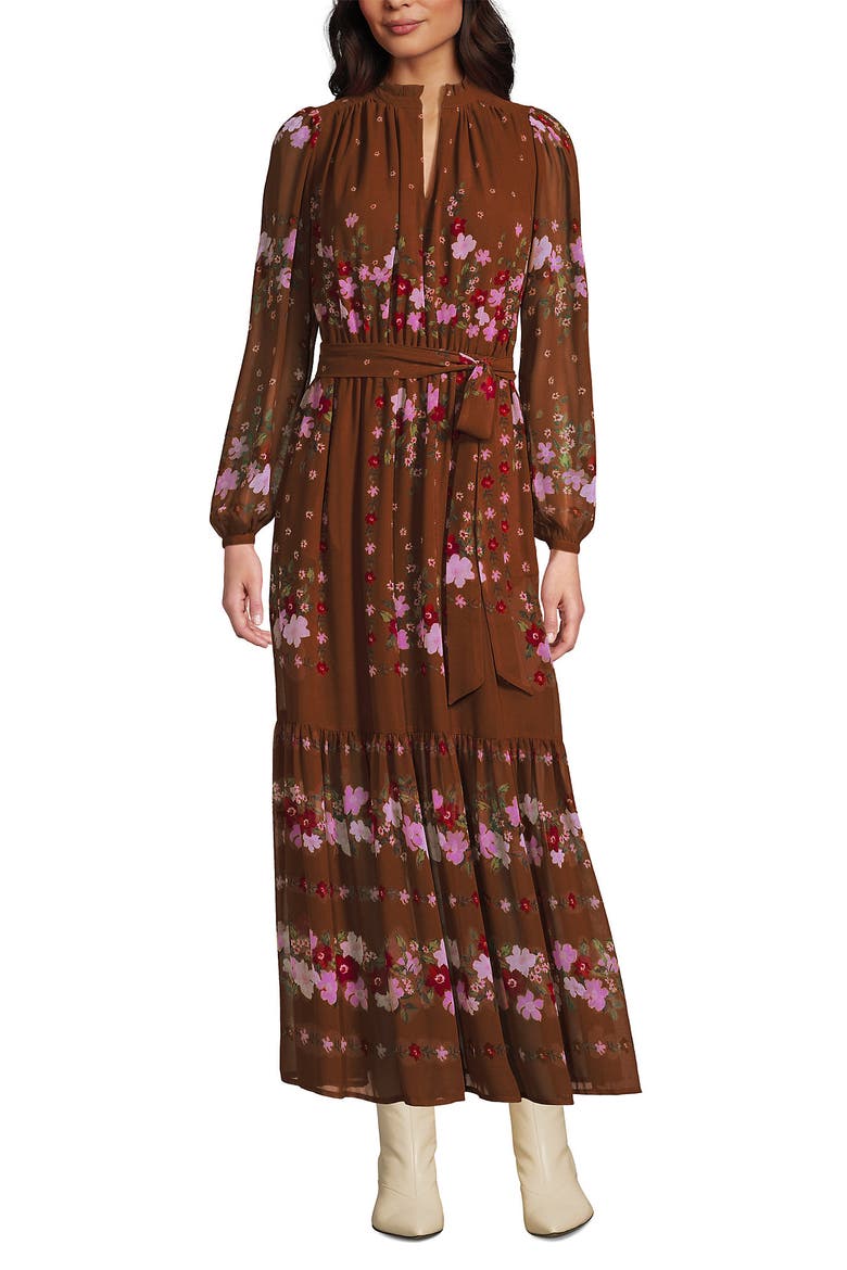 Chiffon Tiered Long Sleeve Maxi Dress, Alternate, color, Rich Ginger Floral Stripe