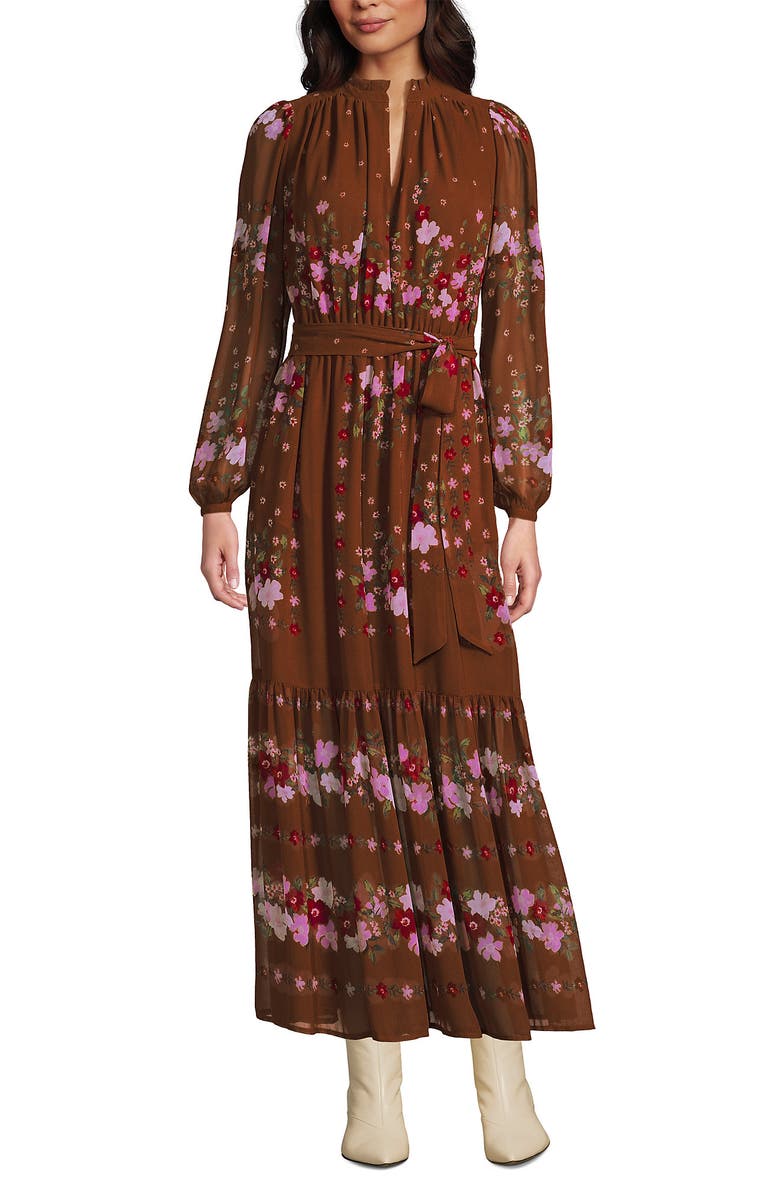 Lands' End Chiffon Tiered Long Sleeve Maxi Dress, Alternate, color, Rich Ginger Floral Stripe