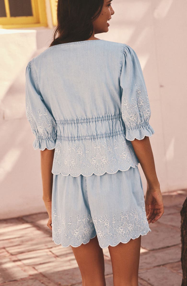 NEXT Embroidered Puff Sleeve Tie Front Denim Top, Alternate, color, Blue