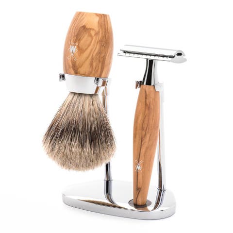 Kosmo Olive Wood 3-Piece Fine Badger & Safety Razor Shaving Set