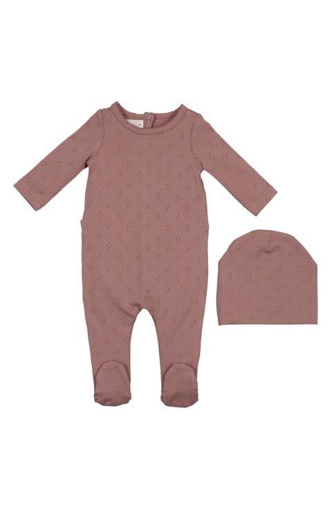 Floral Print Cotton Blend Footie & Beanie Set (Baby)