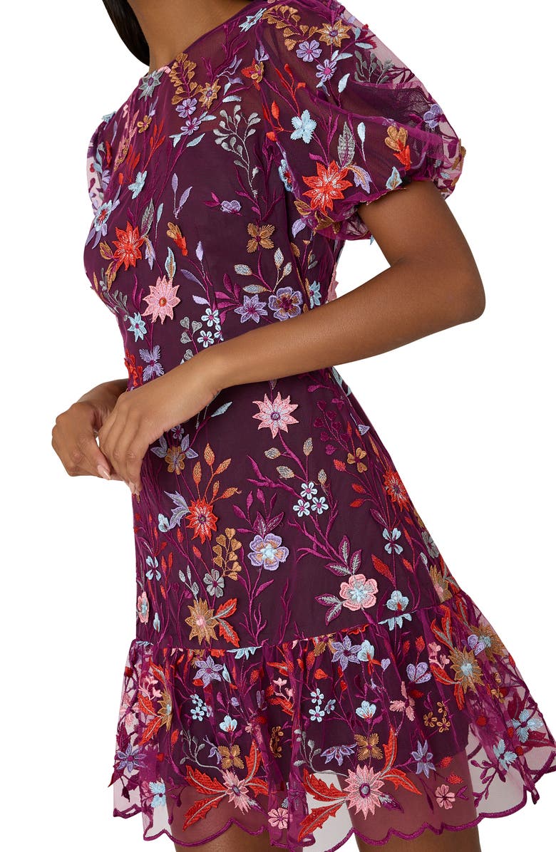 Milly Yasmin Floral Embroidered Puff Sleeve Mesh Fit & Flare Dress, Alternate, color,