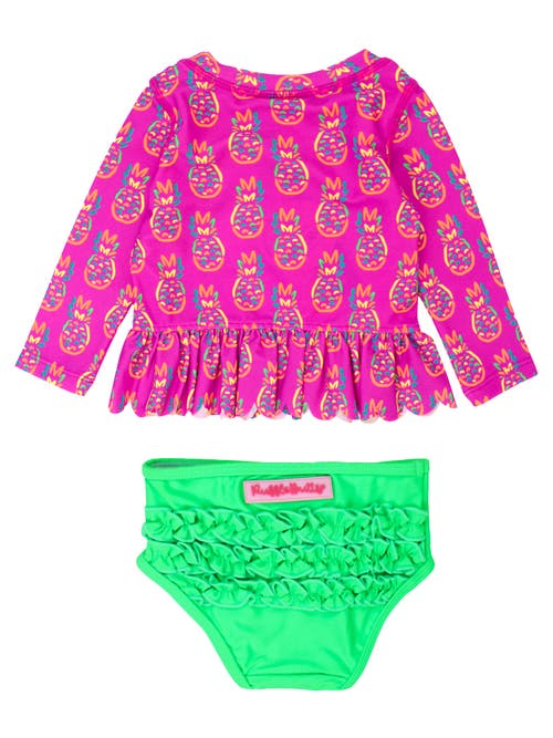 Rufflebutts Girls Upf50+ Sun Protected Scallop Hem Long Sleeve Rash Guard Bikini In Neon Violet Pineapples