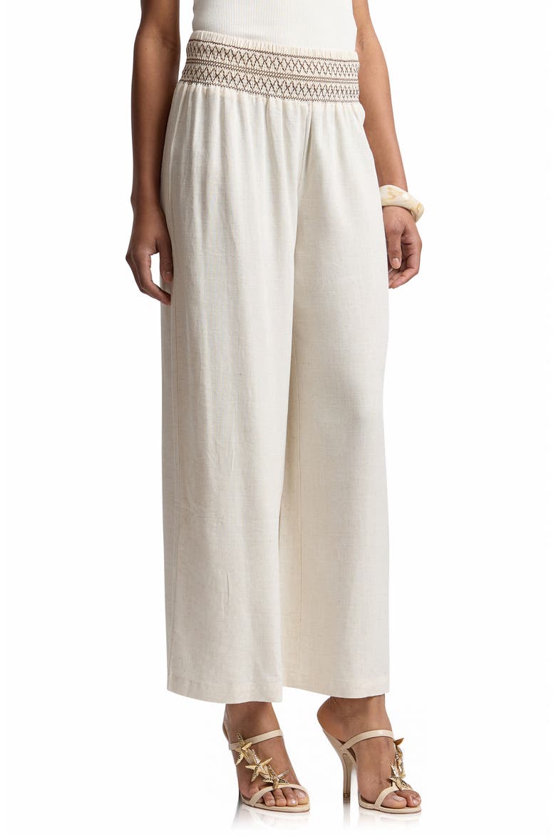 Smocked Waist Wide Leg Pants, Alternate, color, IVORY/ BROWN