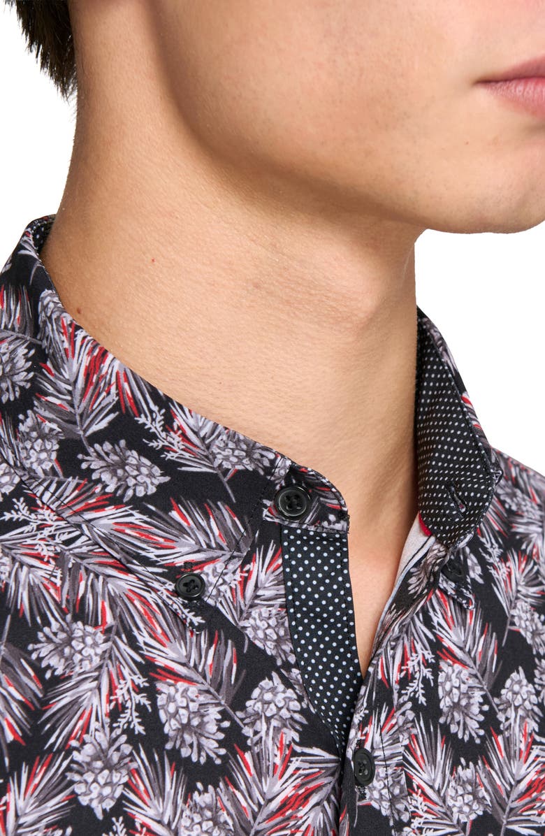 CONSTRUCT Slim Fit Pine Cone Print 4-Way Stretch Short Sleeve Shirt, Alternate, color, Black/ Red