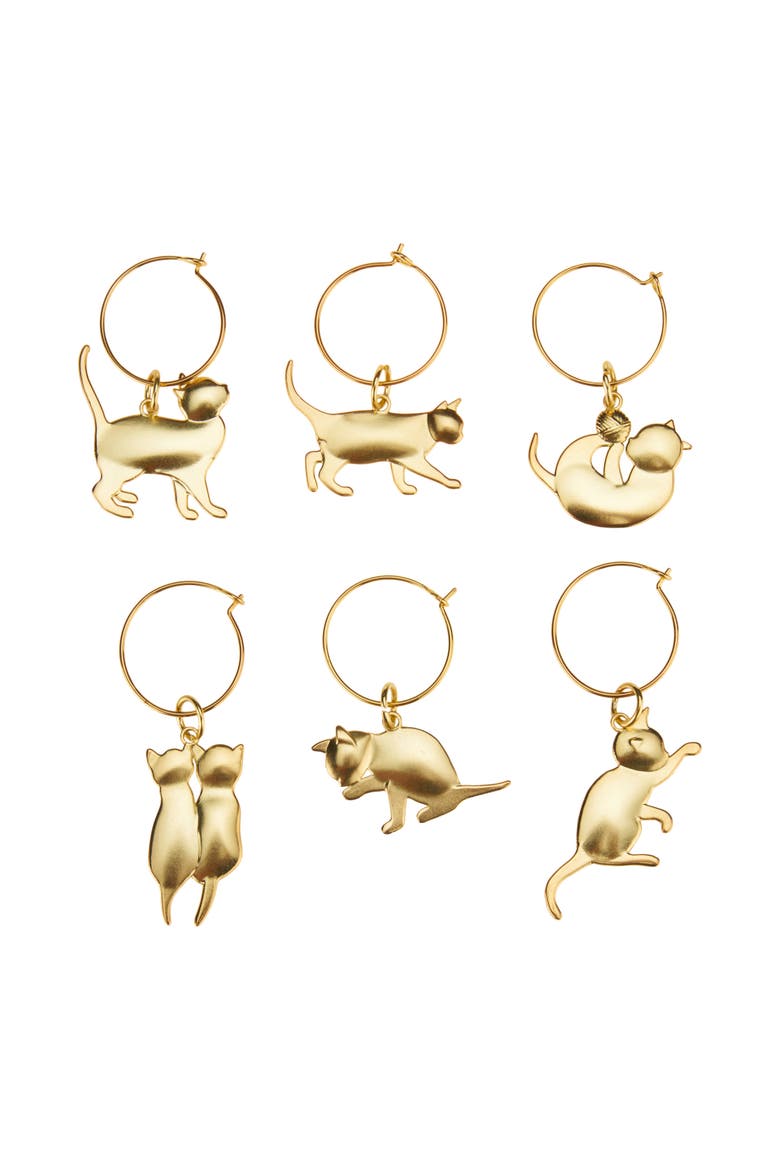 Cat Wine Charms Set of 6, Main, color, Gold