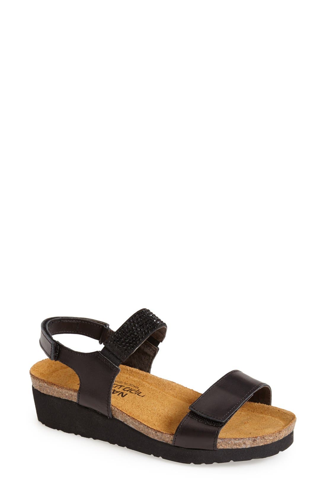 'Lisa' Crystal Embellished Sandal, Main, color, BLACK LEATHER
