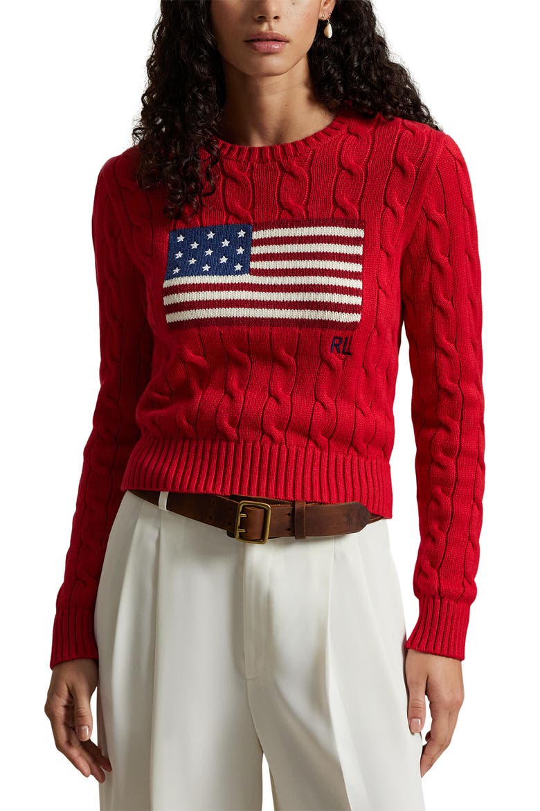 Flag Intarsia Cable Stitch Crewneck Sweater, Main, color, RED