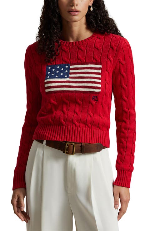 Flag Intarsia Cable Stitch Crewneck Sweater