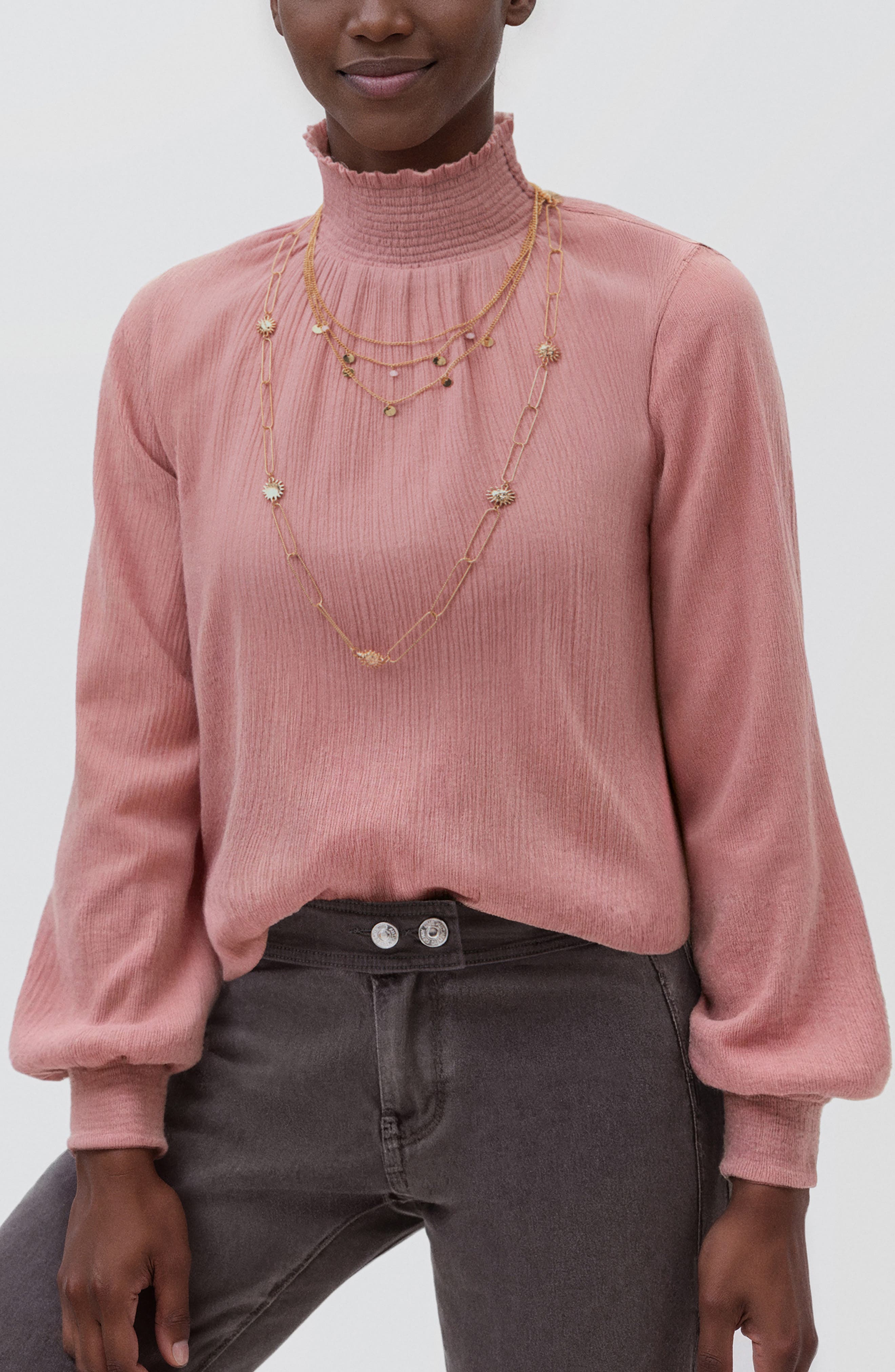 Mango Teen Mock Neck Blouse With Layered Embellishments In Pink