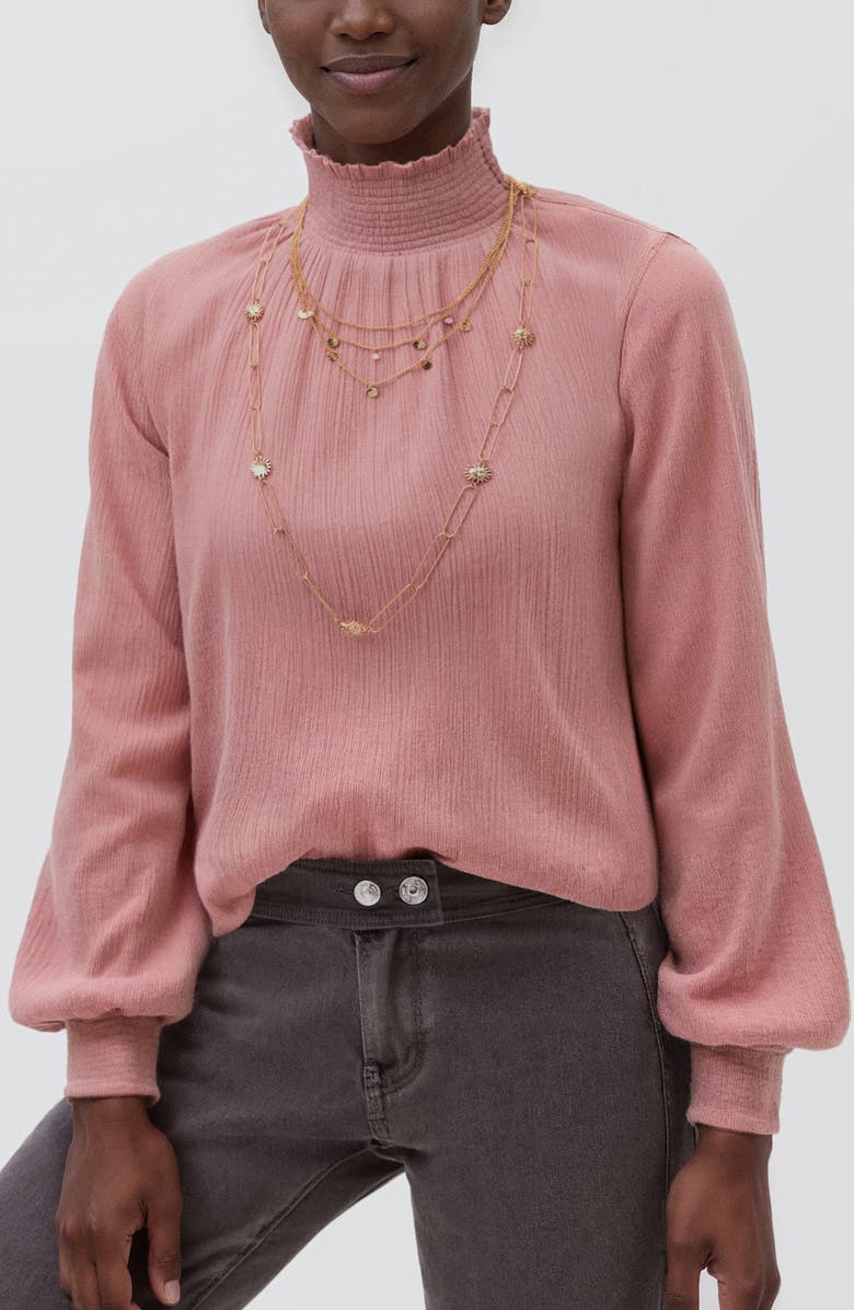 MANGO TEEN Mock Neck Blouse with Layered Embellishments, Main, color, Light/ Pastel Purple