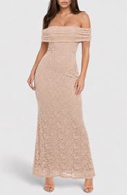 bebe Lace Off the Shoulder Maxi Dress