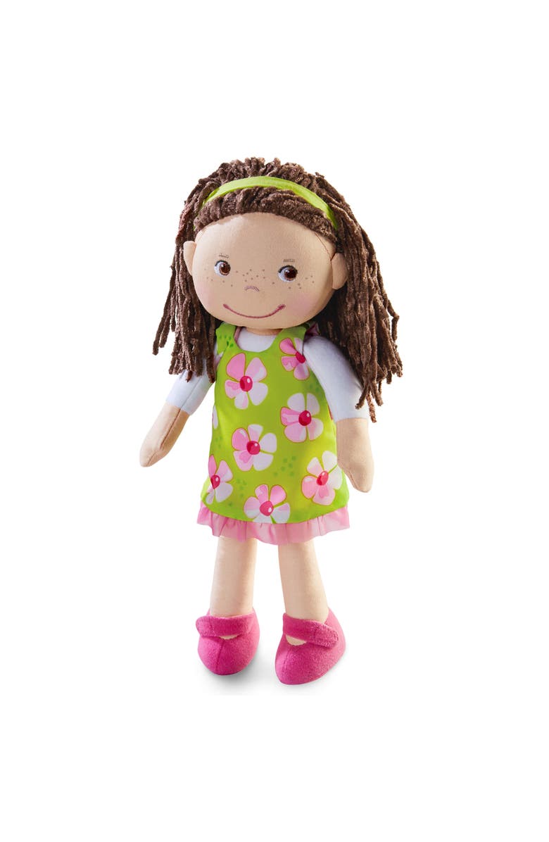 HABA Coco 12" Soft Baby Doll with Brown Hair, Embroidered Face, Removable Green Dress, Matching Headband - Machine Washable Toddler Doll - 18 Months+, Main, color, Green Multi