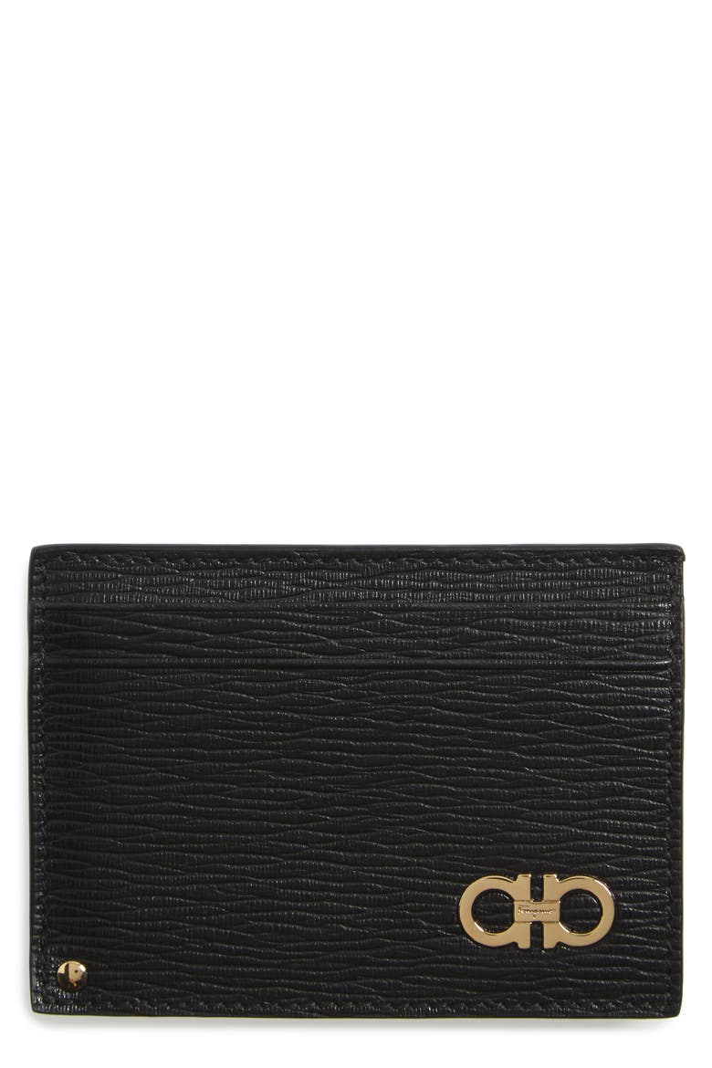 Salvatore Ferragamo Revival Leather Card Case, Main, color, BLACK