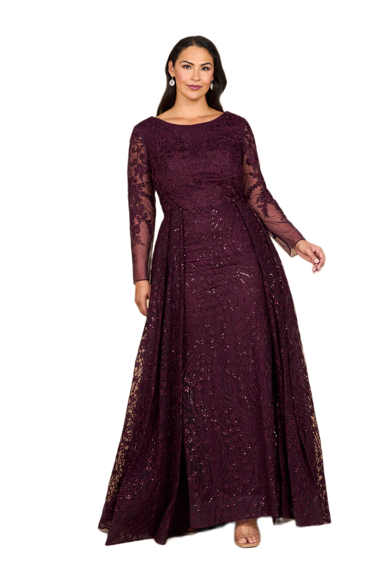 Long Sleeve Gown with Overskirt & Illusion Neckline, Main, color, Wine