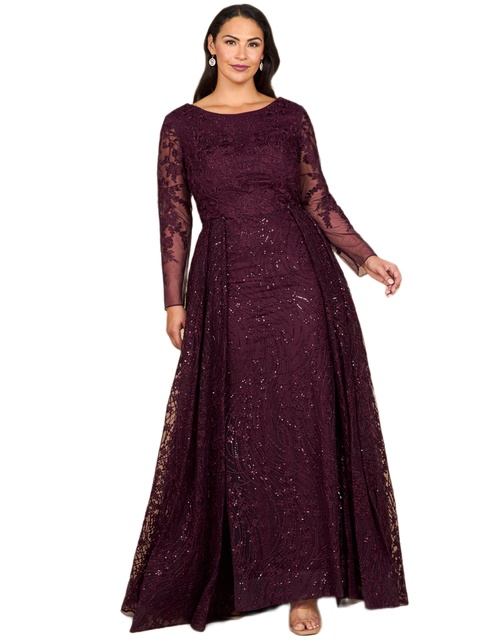 Long Sleeve Gown with Overskirt & Illusion Neckline