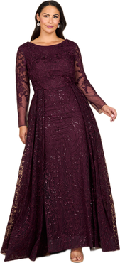 LARA New York Long Sleeve Gown with Overskirt & Illusion Neckline