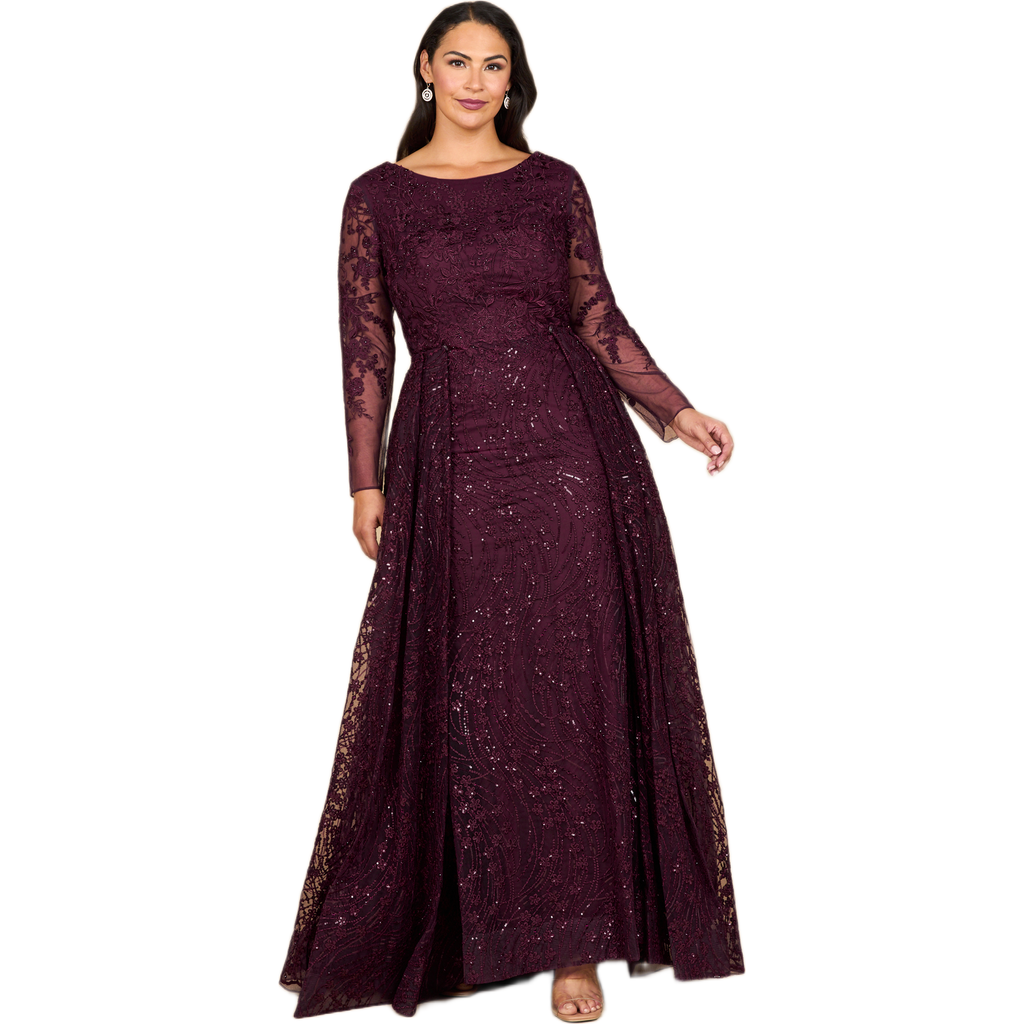 Lara New York Long Sleeve Gown With Overskirt & Illusion Neckline In Burgundy