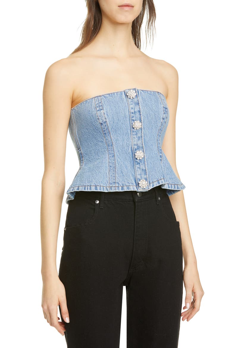 Washed Denim Strapless Peplum Top, Main, color, WASHED INDIGO