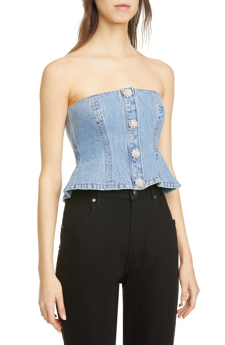 Ganni Washed Denim Strapless Peplum Top, Main, color, 
