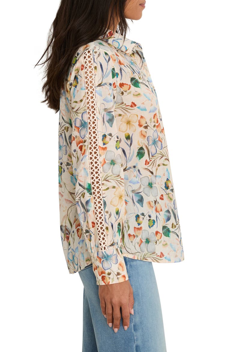 Pressed Flower Crochet Trim Cotton Button-Up Top, Alternate, color, NEUTRAL MULTI
