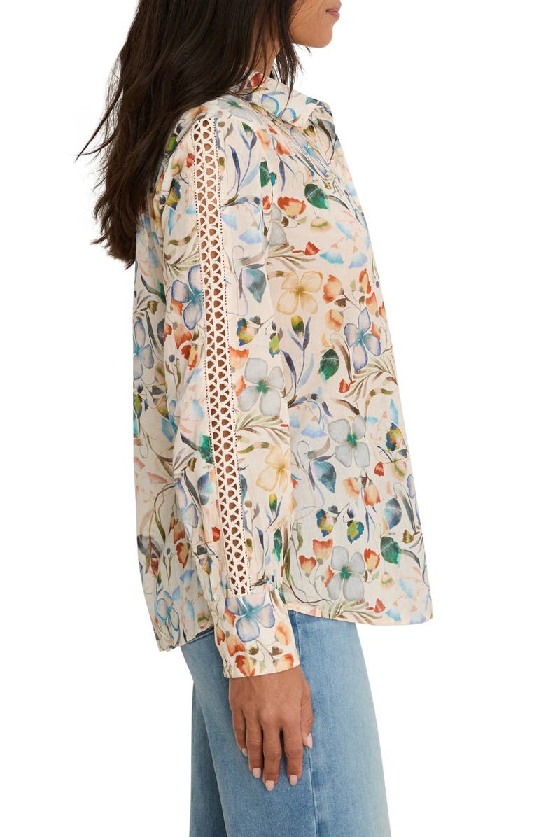 NIC+ZOE Pressed Flower Crochet Trim Cotton Button-Up Top, Alternate, color, Neutral Multi