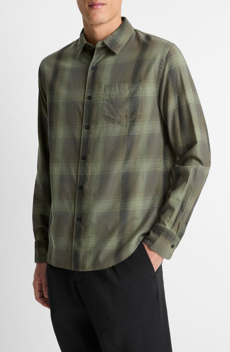 Vince Classic Fit Plaid Cotton Button-Up Shirt, Alternate, color, Olive Leaf/Black