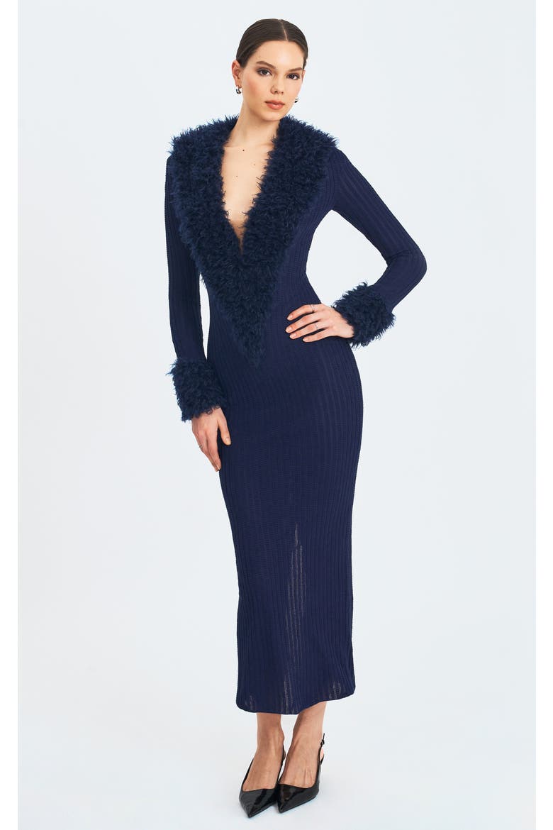 Romina Plunging Fur Trimmed Crochet Maxi Dress, Main, color, Navy