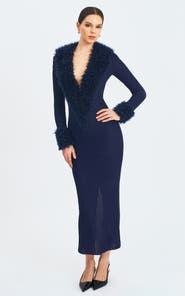Miss Circle Romina Plunging Fur Trimmed Crochet Maxi Dress