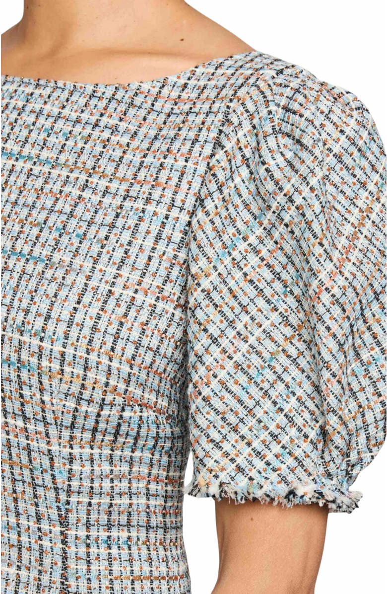 Santorelli VIOLET A-Line Shift Dress with Puff Sleeves in Luxury Tweed with Lurex, Alternate, color, Ocean Mist